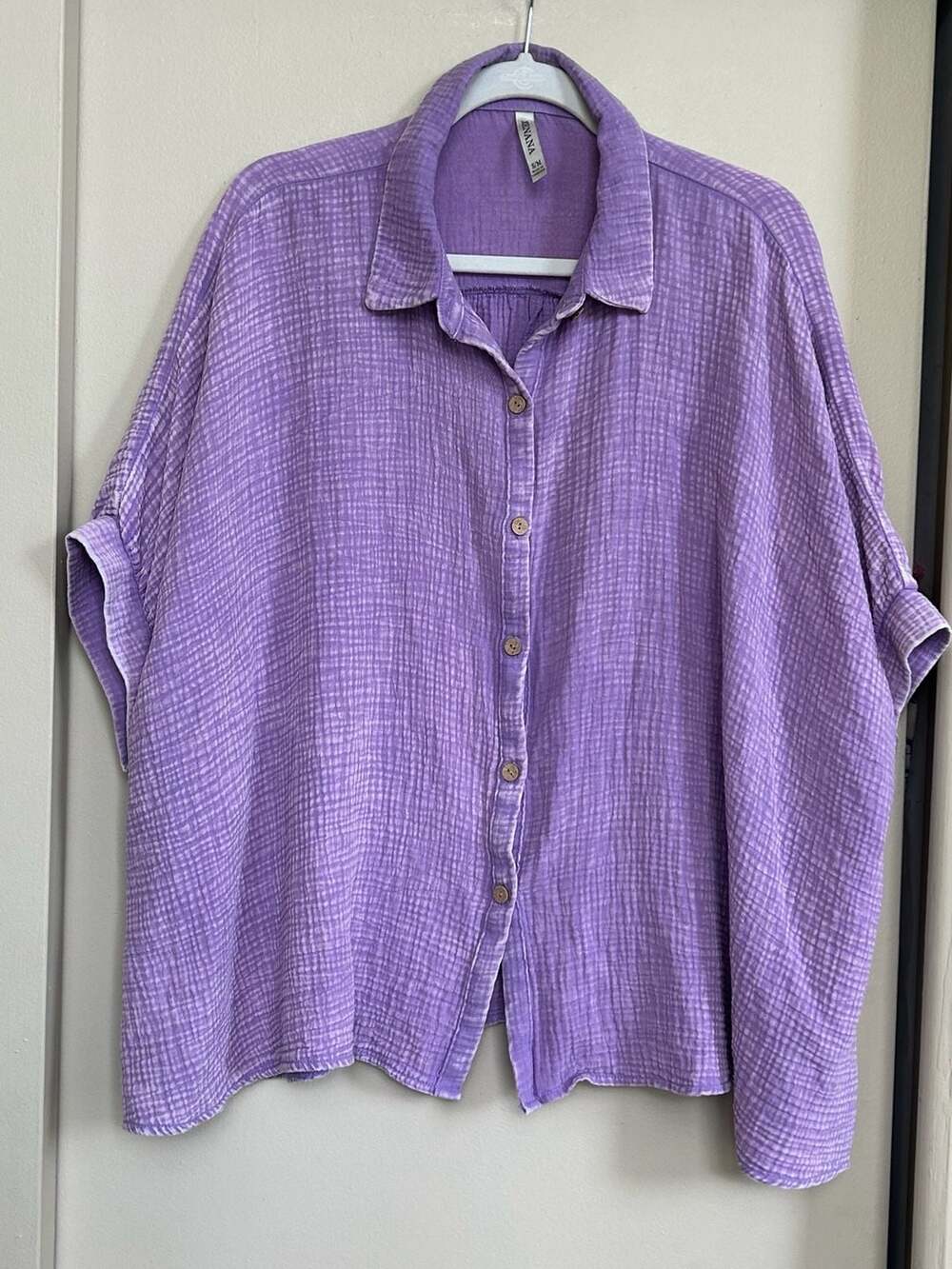Zenana Washed Double Gauze Button Down Half Sleeve Shirt in Purple Size S/M